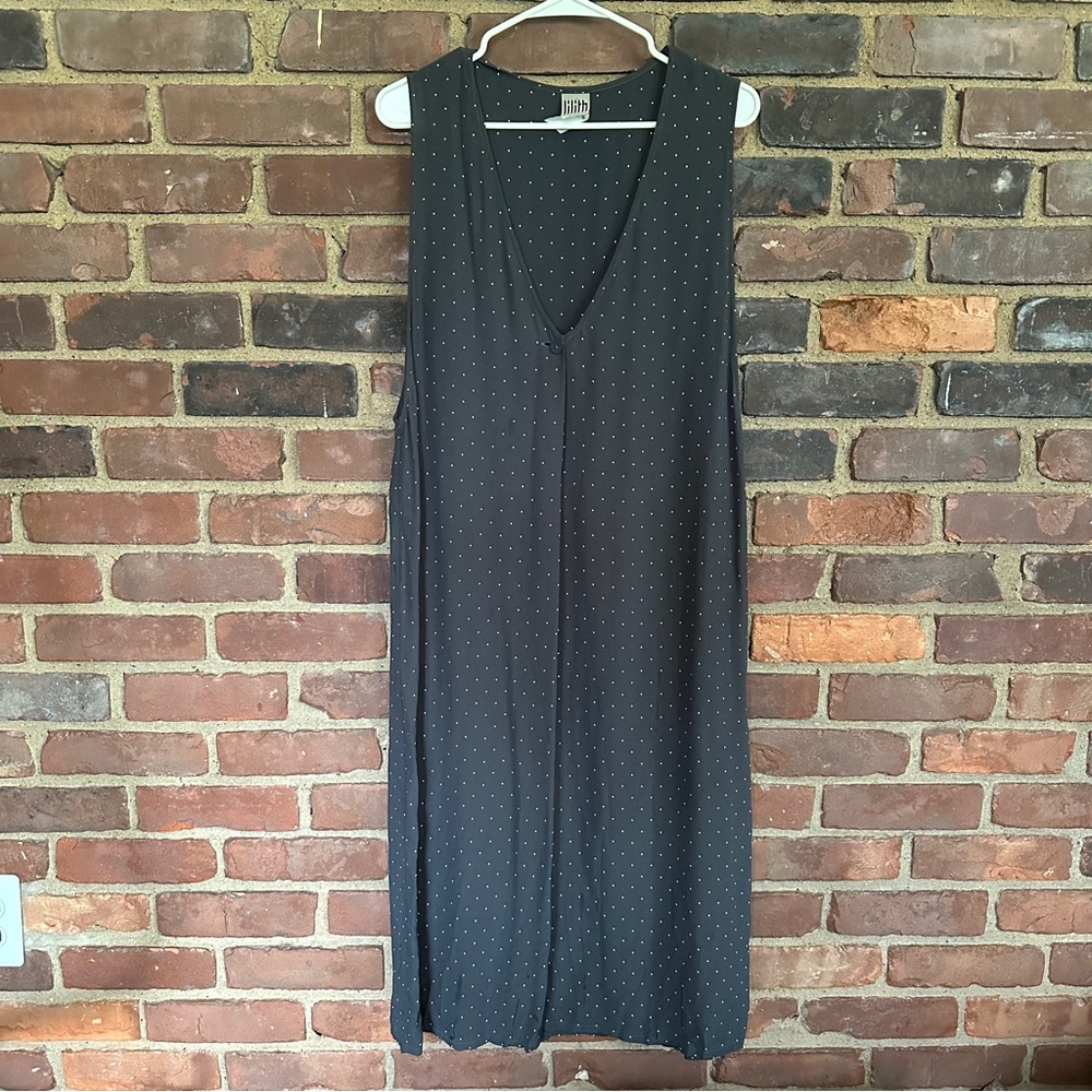 LILITH gray white polka dot v neck midi dress -40 chest / 47” long
